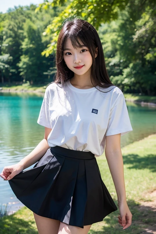 (8k),(masterpiece),(Japanese),(8-year-old girl),((innocent look)),((Childish)),From the front and above,smile,cute,Innocent,Kind eyes,Plain T-shirt,Short sleeve,Short skirt with blue check,semi-long,Hair blowing in the wind,Black Hair,Somewhat strong wind,noon,bright