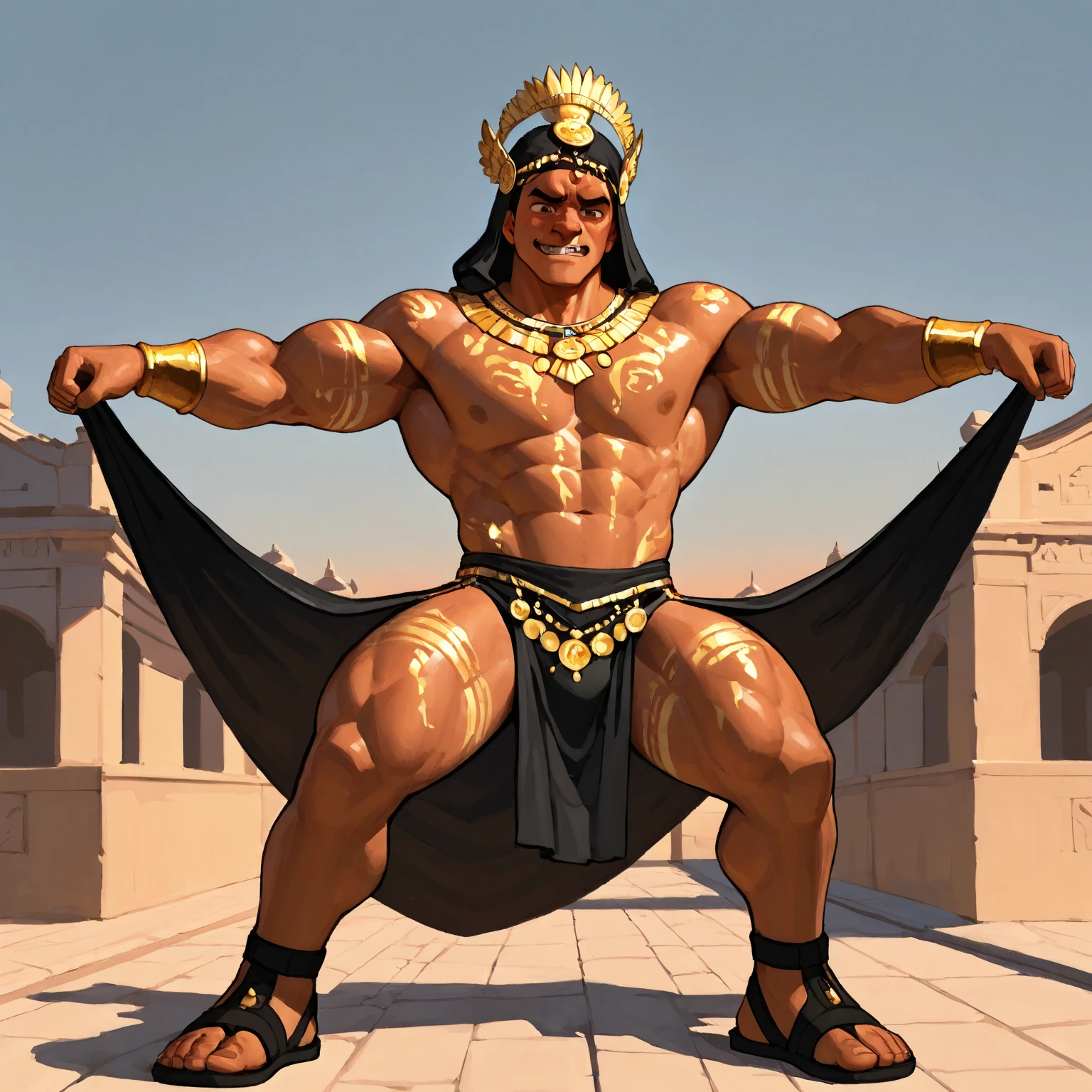 Powerful man warrior, chest bared, lower body uncovered from thighs to feet, luxuriant long curls, meticulous skinny muscle definition, photorealistic rendering, 4K resolution. Background: Ancient Egyptian temple complex, uhd, best quality, masterpiece, super detail, high details