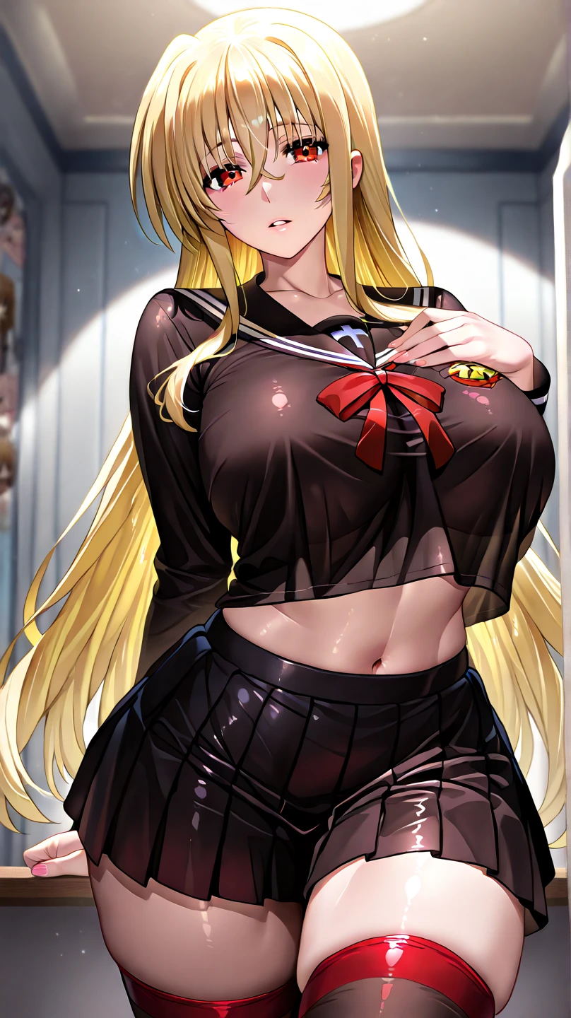 (masterpiece, best quality, highres:1.2), (photorealistic:1.2), (intricate and beautiful:1.2), [:(Face detail: 1.4): 0.4], (detailed light:1.2), (soft lighting, side lighting, reflected light), (colorful, dynamic angle), wallpaper illustration, cowboy shot, extremely gorgeous cat woman, using a high uniform , Short frilled skirt,black pantyhose, wearing tutututu, black , black serafuku, sailor collar,black miniskirt, long sleeves, chest holster, blond drill hair, blue eyebrows, blue eyelash, huge breast, red lips, long legs, black tights, tall body, seductive body, royal aura, light passing through hair, (official art), (perfect skin), (sharp),