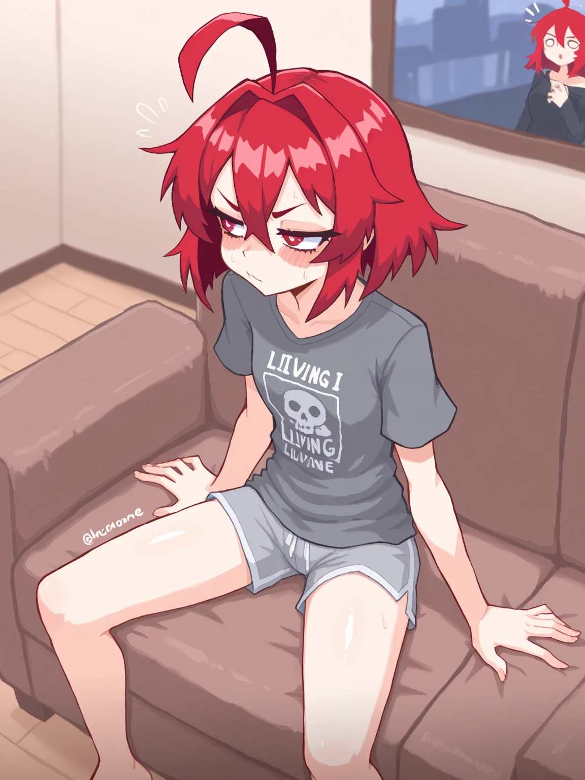 top-quality、hight resolution、女の子 1 人、、medium-hair、ponytail, tshirt、unintrested look on his face, flat cheast, couch, ((masturbating)), pussy, no pants, spreading legs, snack, watching tv, basic apartment