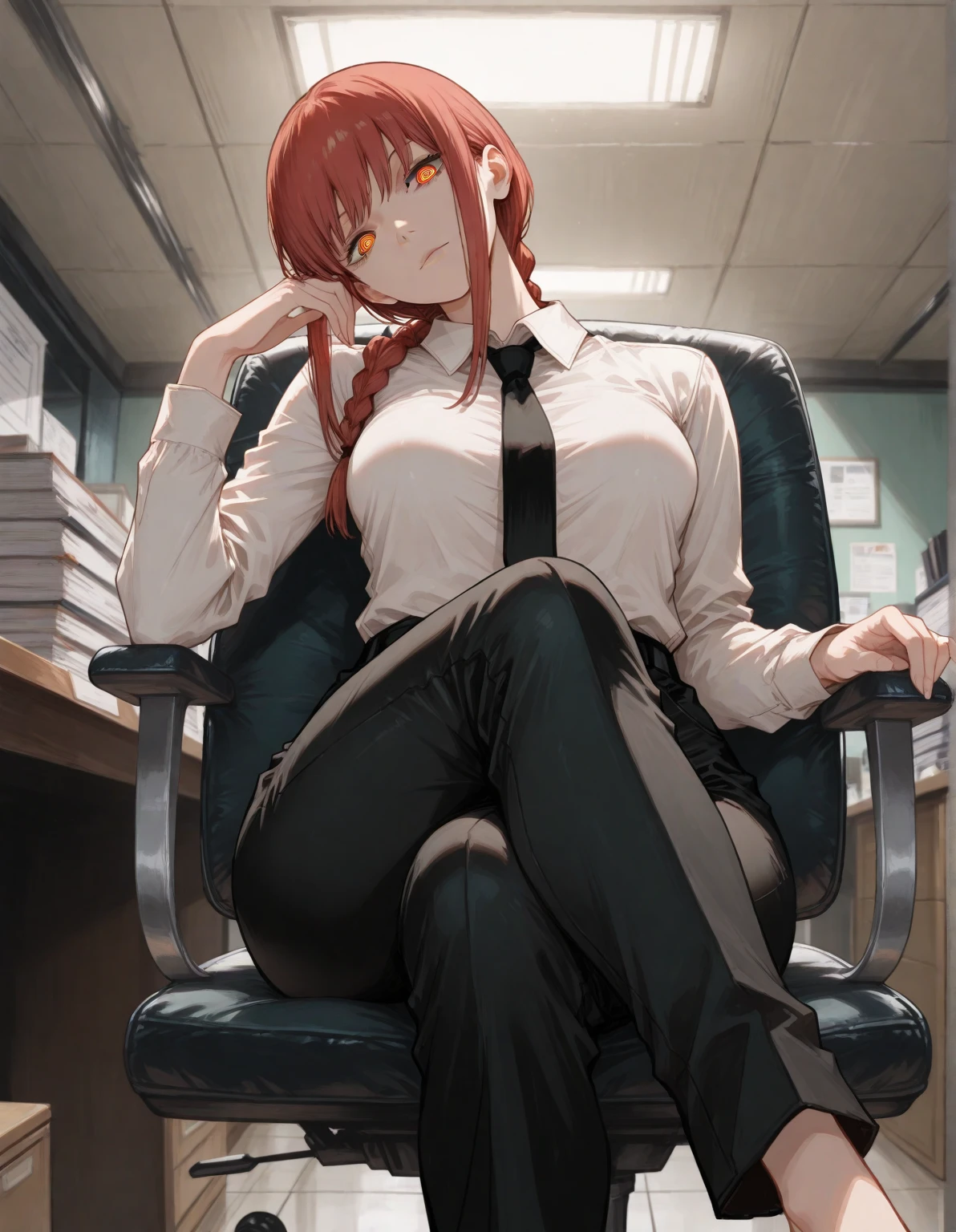 (masterpiece, Best quality:1.2), One, 1 girl, Red hair, yellow eyes, Unbuttoned shirt with collar, black unbuttoned trousers, Широкие Hips, very detailed beautiful face and eyes, beautiful skin, wet, ruddy, Perfect anatomical smile, Bright sunlight, Hips, широкие Hips, is sitting, Spreading your legs, Атлетические Hips, erotica, shiver, full body, curvy, пухленькая, perfect body, big breasts, sweat, orgasm