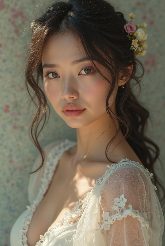 An enchanting, delicate young European lady with mesmerizing charm, captivating smile, and a subtle, elegant aura. Small bust.