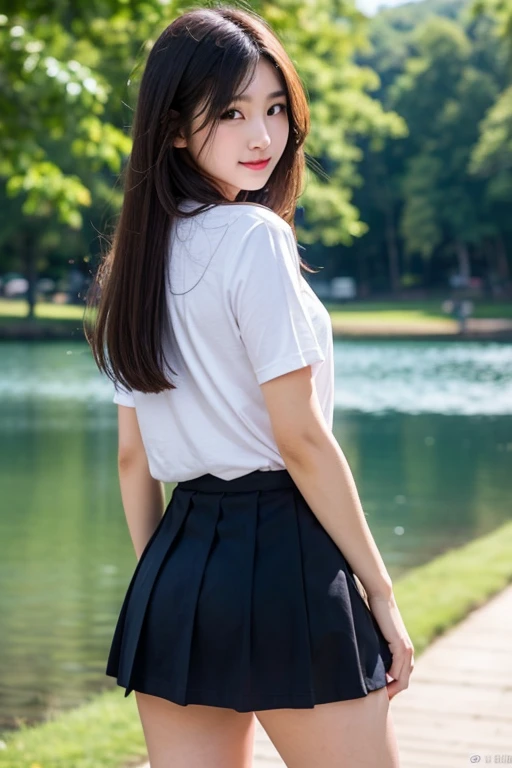 Highest quality、highest quality、Highly detailed figure、Highly detailed face、Highly detailed eyes、Highly detailed nose、Highly detailed facial expressions、Highly detailed full body、Being in reality、16-year-old girl、Introvert、main character、 hairstyles、Bangs、Antennae、Back ponytail、High 、White polo shirt、Uniform skirt、Close to the skin、Tight、High school student plaid skirt、16 year old girl's breasts、Full body photo、Are standing、Emphasizes the beauty of thigh muscles、Full body photo、black tights、School classroom、front
