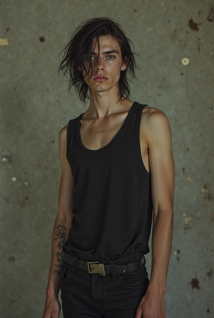 A teenage boy, with brown hair, with a wet shirt, two large marked pectorals, a long lycra style pants, black stockings, without shoes, on my knees begging for more