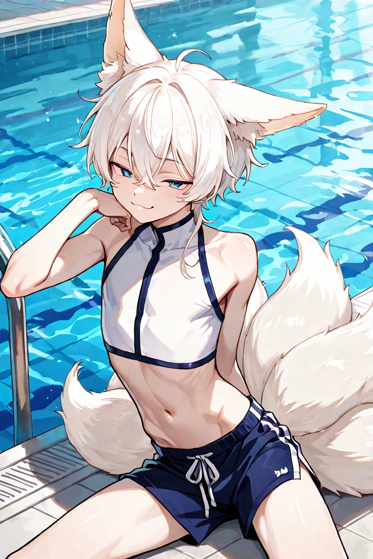 male gray wolf，(hairy all over, furry tail, white fur, blue-green eyes, big ears，light white hair:1.2), (small canine、Intimate swimsuit：1.2），Handsome，Lovely，little boy，The picture is very delicate，Highest quality，Delicate painting style，exquisite lines，Delicate skin，blush，Slim stature，Swimming pool，bare legs