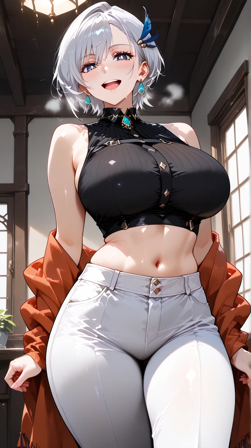 {masterpiece, distinct_image, extremely detailed CG, (extremely detailed fine touch:1.2), (heated iron_light, light rays, dappled light, ray tracing:1.2), beautiful eyes and detailed face,white ink splashing, photo realistic, 4k, 8k, high_resolution,anime style beutiful woman, (perfect_finger:1.6), (beautiful_detailed_eyes:1.3), glitter, red_light, (glow_red_face, front_light:1.3),{1girl, face_focus, looking for_in_viewer, cowboy_shot, dynamic angle, From Below, Angle showing the underboob, standing, hands_on_hips },{adult, (huge_breasts, wide_hip:1.3),thigh_gap, groin, narrow waist, skinny stomach, navel (black cropped tank top, leather welding gloves, retro goggles on top of head, cleavage, tight jeans, black panty thongs:1.7),(white_hair, black_eyes, short_hair, slanted_eyes, bangs, serious expression, empty_eyes, tanned skin, dark skin:1.3), sweat, smith's workshop background}