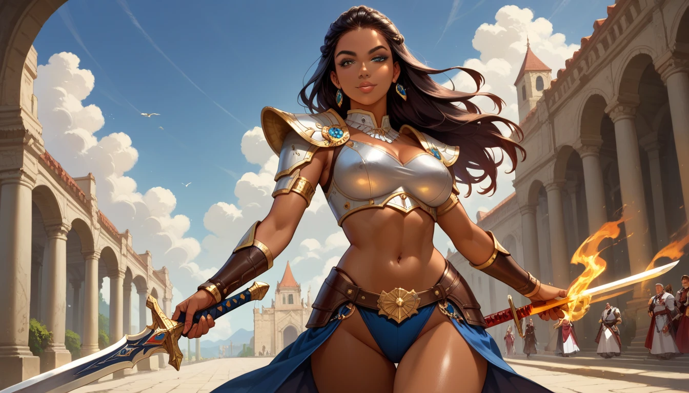 (sfw)Arte inspirada John Buscema,1girl, longo cabelo castanho, magro, olhando para o site, pirate captain, kalap, mar, em navio pirata, arma de fogo, obra-prima, detalhado, maduro, cores vivas, high saturated