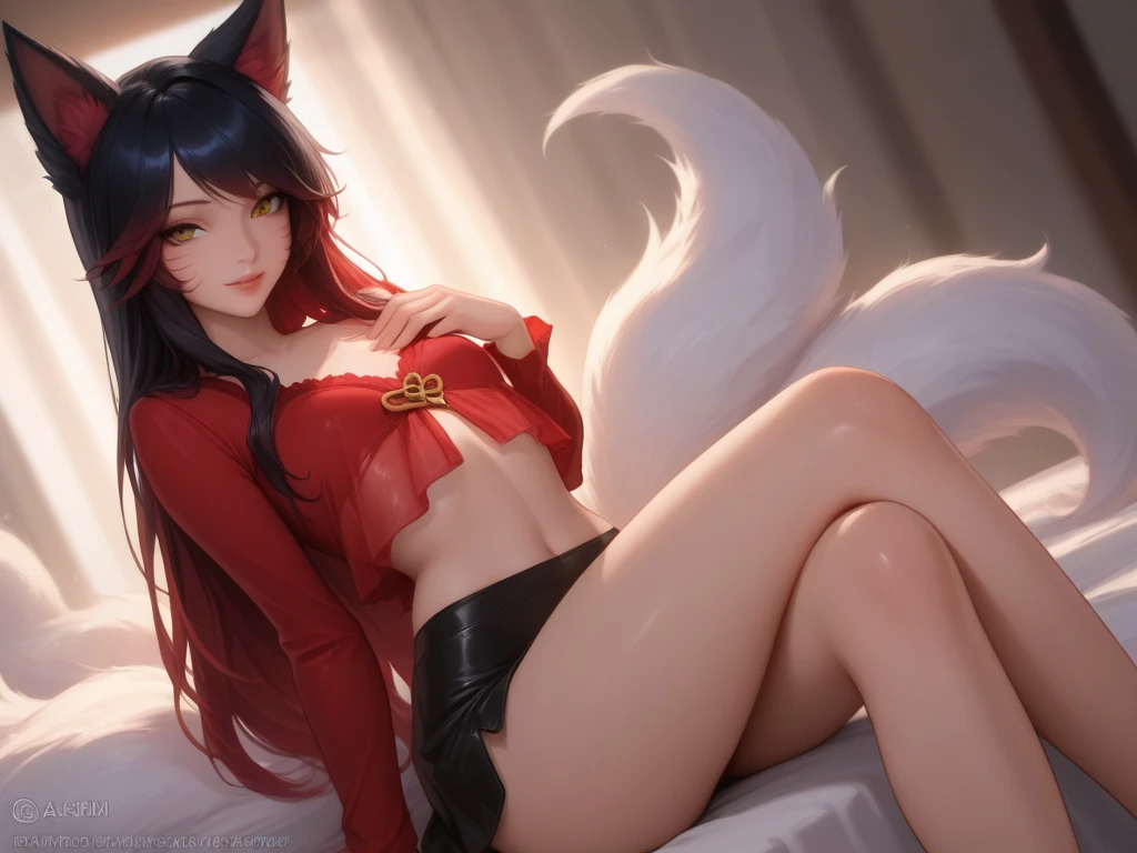 Solo, score_9,score_8_up,score_7_up, acore_6_up, score_5_up, source_furry, Anthro, kemono style, ahri from league of legends, she’s an Anthro furry white fox girl, anthro furry fox, white furry body, black fox ears, long black hair, indoors, wearing skimpy red string bikini bottom, topless barefoot, feet paws with 4 toes, yellow eyes, black animal ears, 6 tails, indoors, sexy pose, indoors in a magical palace, lying on a bed, lying on her stomach, rear view