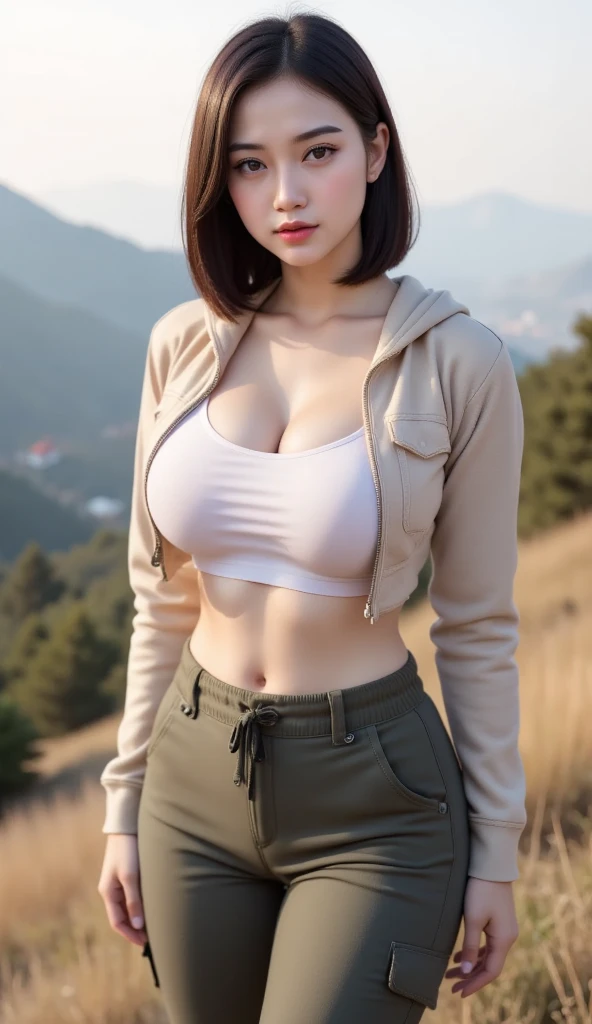 busty indian girl ((Top Quality, 8K, masterpiece :1.3)), (large full breasts :1.4), Ultra-detailed face, detailled eyes, Double eyelidd, smiling expression, winter mountain, Skirt with lace, perfect body figure, Tremendous abs, (Short puffer jacket), (short open padded jacket), cute earmuffs, cleavage breasts,
