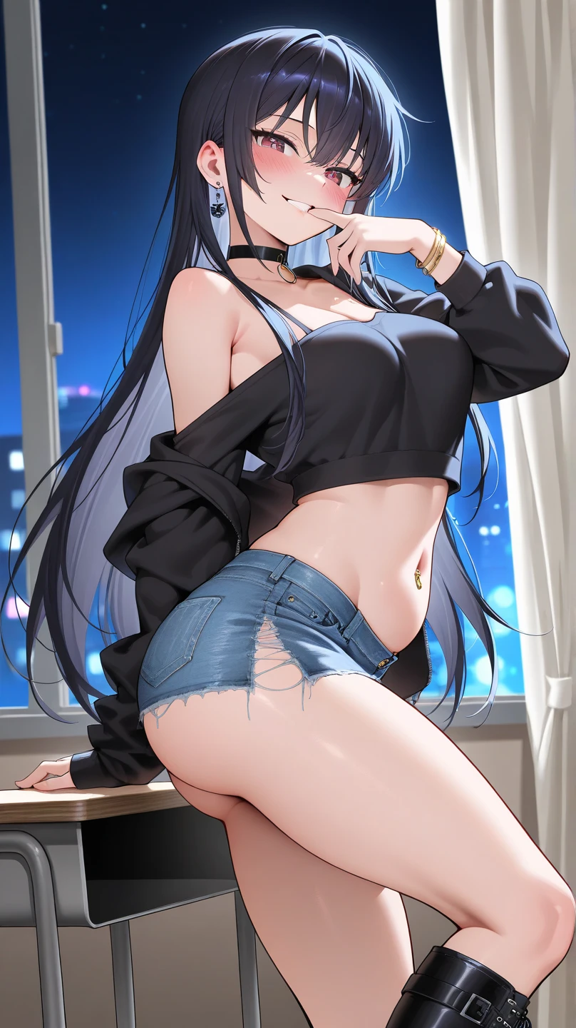 scene:0.9, (masterpiece), (((ultra detailed, 8k quality))), high quality, (a girl only wearing oversized black t-shirt:0.9, standing), (long black hair, side bangs), ((torso)), perfect fingers, wide shot:0.7, ((view from below legs)), expressive sapphire blue eyes, (looking at viewer with pleading eyes, black hair, side bang, expressive blue eyes:0.7, (depth perception:0.7, black background, blurry background), 25 years old, (distanced), ((blush)), nighttime cityscape background, blurry lights, pussy close-up, ((NSFW))