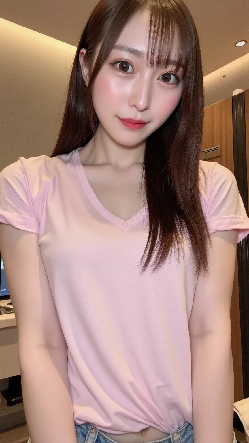 ((top-quality、8K、masterpiece:1.3))、Shot on the roof、full body Esbian、beauty legs、Pink T-shirt、a miniskirt、1girl in、beautfull Japanease woman:1.3、(Longhaire、tits out:1.2)、 Pink T-shirt:1.2、Beautiful Women in Perfect Style:1.4、Perfect eyes、Even-eyed、Natural smile、Perfect iris、Perfect lips、flawless skin、no moles、Super Detail Face、Delicat eyes、二重まぶた、Soft breasts、A smile、