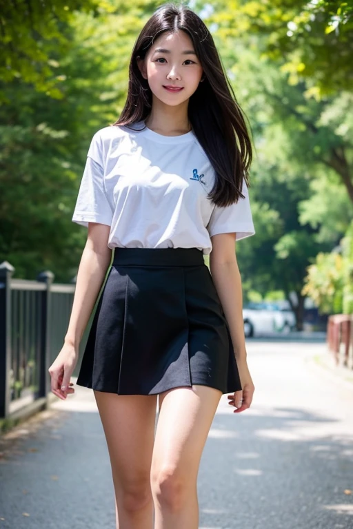 (Raw photo, Highest Quality, masutepiece: 1.2), (Photo: 1.4), Whole body, shoes, cute japanese face, ((18 years old)), (((Small: 1.6)) Chest,), (uniform, Short sleeves, short plaid skirt, Miniskirt, Slender legs, White socks, School Loafers), Standing Pose, Full body shot, line of sight (Smile),skirt rift,Inter-strands,Shaved