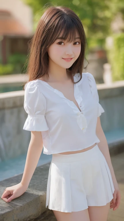 8K, Ultra-high resolution, Highest quality, masterpiece, 三分割法によるphotograph,Surreal, photograph, 1 Girl, (16 years old:1.3), pretty girl, Cute face, Beautiful eyes in every detail, 細かくdetailedに,masterpiece,, One Girl:1.2, Japan Female Announcer,whole body、Black Hair、well-groomed eyebrows、Cute Lip Makeup,garden,erupt,summer,Shining sunlight,Blouse with collar,Pencil Skirt,Cute gestures、so beautiful,A carefree smile,Heal the heart,Blunt bangs,Looking at the audience、beauty,Long neck、Laugh a little、Please close your mouth and laugh、(((Ideal body type))),A cup small breasts :2,、Portraiture:2、Perfect Anatomy、鮮明なdetailed、detailed、Surreal、Light and shadow,Strong light