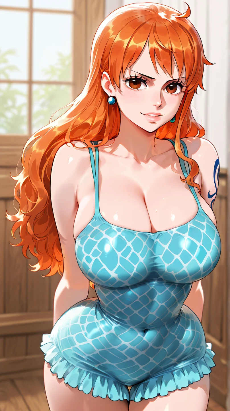 Nami, Create an image of Nami from One Piece with the following characteristics: Beautiful girl, beautiful face, teen girl, tall, slim, sexy, thin, large breasts, big breasts, large boobs, big boobs, very slim waist, sexy hips, slim abs, beautiful brown eyes, blushing cheeks, small nose, thin lips, double eyelid, super thin face and eyes, pinkish white skin, beautiful skin, healthy glowing skin, long wavy hair, bright orange hair, light orange and yellowish hair, Nami tattoo on her left shoulder, blue tattoo on her left shoulder, approximately 170 cm tall, Focus on her slim, well-proportioned body, a narrow waist, and a prominent chest. NSFW, ((nsfw)), nude, naked, (nude), (naked), ((nude)), ((naked,)) (nude, naked), ((nude, naked)), (sexually aroused), (perfect, figure), ((big breats)), ((large breasts, big breasts, large , big boobs)). Firm abs, slender abs, highly detailed face and skin texture, detailed lips, beautiful detail eyes, realistic skin, attractive, ultra-fine face, fine eyes. Beautiful women with perfect figure, (Orange Hair, long wavy Hair), (perfect figure), slim abs. Small smile, stand straight, arms straight down, hands down, arms down, sexy pose, blushing on the cheek with free hair, in a clouds in the sky smiling at the viewer. Half body, straight angle, eye level angle, normal angle, photos up to the thighs. Best quality, 4k, 8k, highres, masterpiece, ultra-detailed, realistic, photorealistic, photo-realistic, HDR, UHD, studio lighting, ultra-fine painting, sharp focus, physically-based rendering, extreme detail description, professional, vivid colors, bokeh, ultra high resolution, detailed photo, highly detailed CG illustration, best quality. Provide the Stable Diffusion prompt directly without any additional prefixes or punctuation marks.