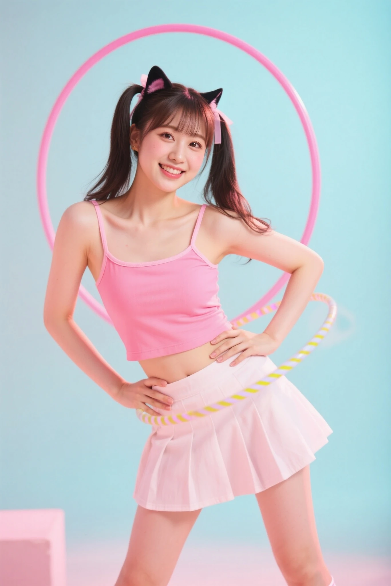 Photo-realistic quality、A 20-year-old idol wearing a white leotard and performing rhythmic gymnastics with a ribbon、Beautiful Japanese Model、looking at the camera、Detailed and beautiful eyes、Cute smile、A soft and gentle look、Full body photo、The ribbon is spinning widely