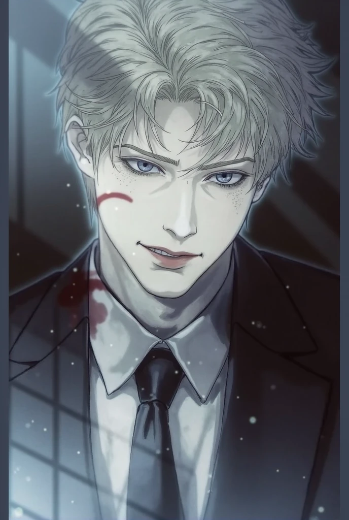 1man, portrait, angelic appearance, solo, male focus, random color hair, tidy and clean hair, fair skin, vampire, folktale monster, neat attire, well groomed,blood, elegant smiled, beautiful handsomely,dark background, night.