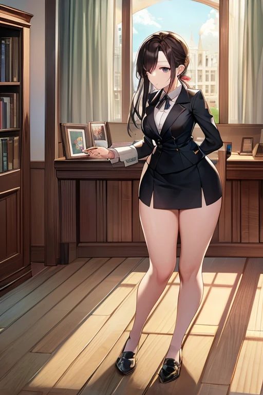 (detailed), (((chica SHEEP))), (((SHEEP))), big ass, (((black wavy hair))), ((mini skirt)), (((dripping pussy))), (((office worker suit))), (White skin)