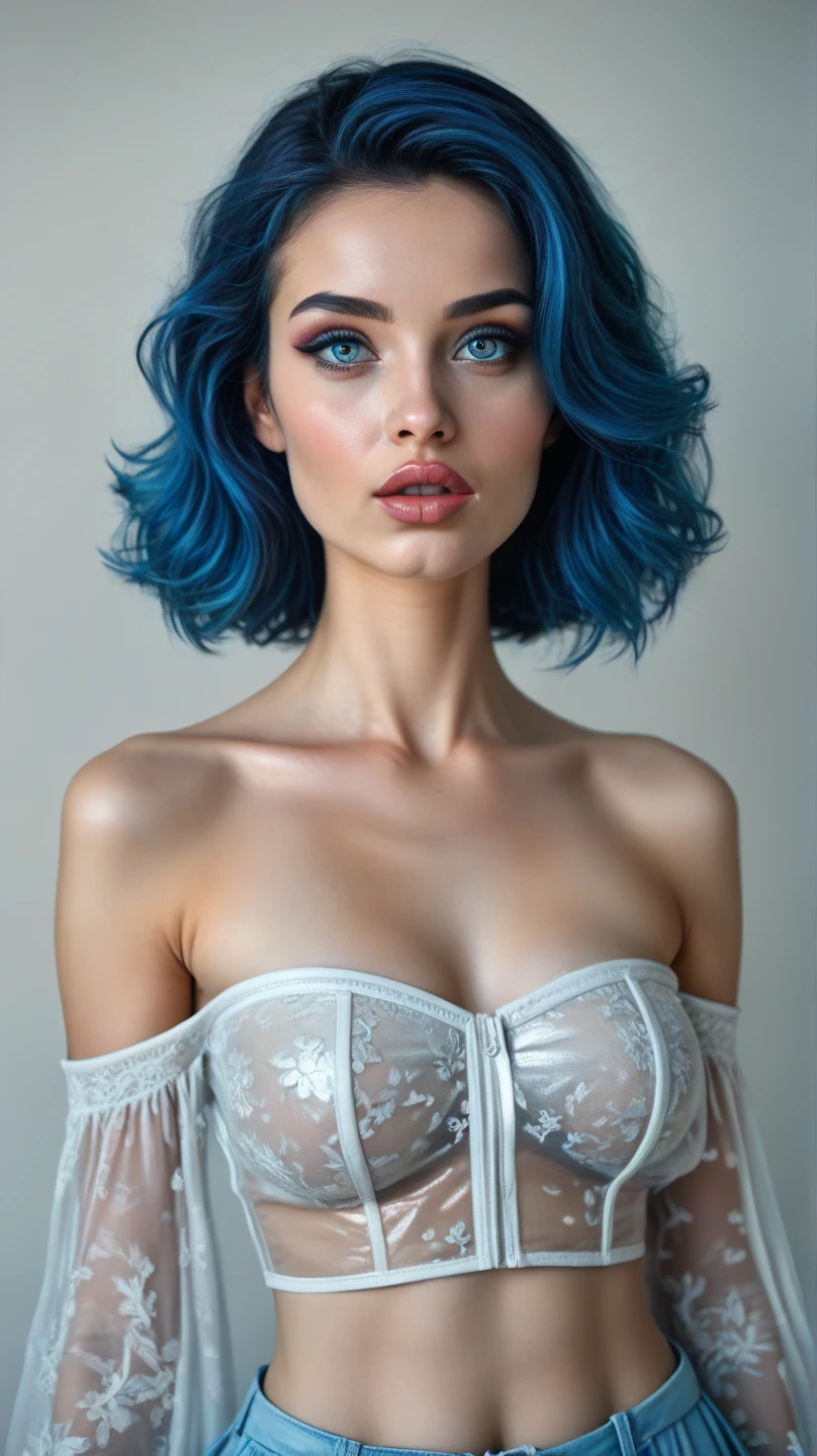 ((best quality)), ((masterpiece)), (detailed), perfect face. Blue colored hair. Makeup. Wearing a red dress. Hourglass figure.