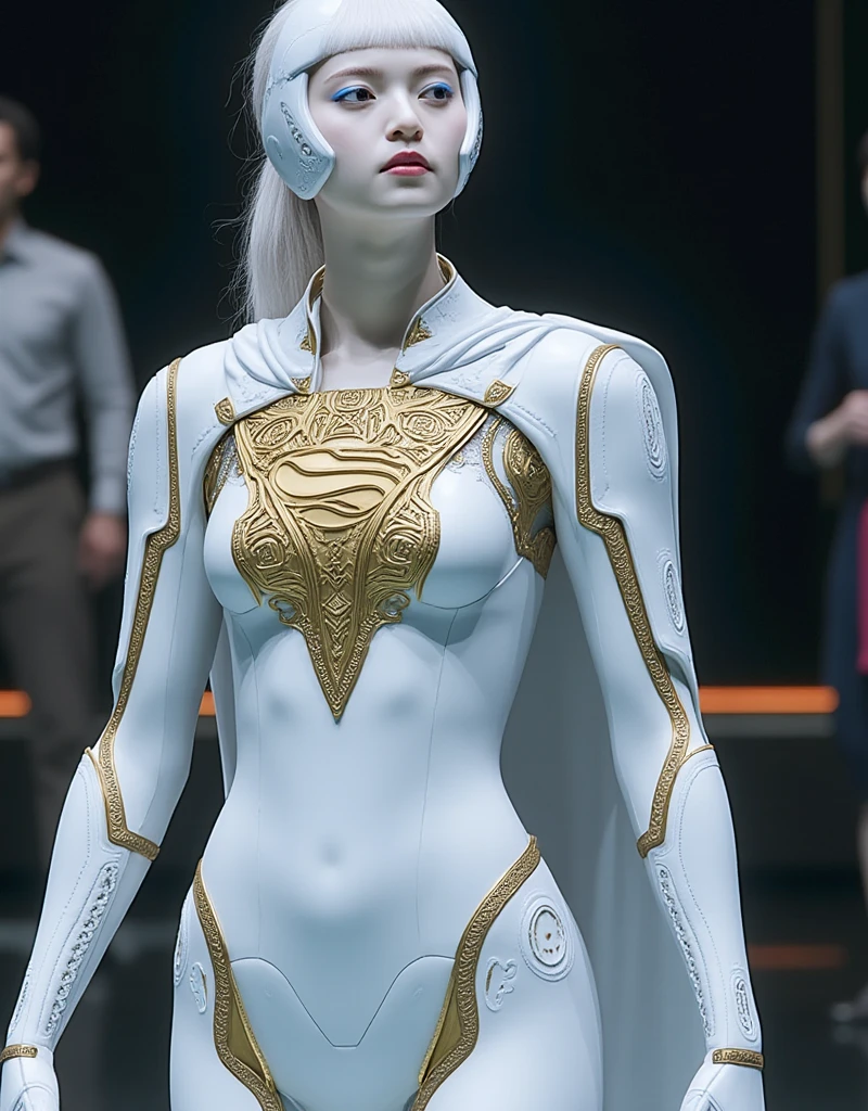 Ultra-realism, highest detail, standing, 3D, female android whose body's flesh parts including face are white marble effect with golden veins running through it, she has a white marble effect bald head with very attractive features, she is devold of any clothing only wearing a cross body belt for weapons and black combat boots in the background is a landed flying saucer in a battle at night
