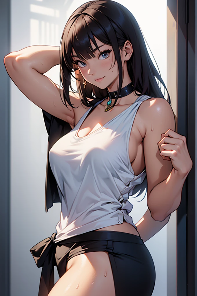((((masuter piece、top-quality、Long body、silber hair、large full breasts、Split abs、Brown skin color、perspiring、profile、The front door of the house、Maid appearance、A charming expression、Great look))))、Silvery hair、verd s eyes、(((Very marked camel toe)))、(((Pose with emphasis on the chest)))、(((((Black skin、natta))))),((((darkskin)))),((sun burn))、Realistic skin type、an anime girl、Detailed Digital Anime Art、A seductive anime girl、extremely detailed art germ、a hyperrealistic schoolgirl、Ilyakukvshinov、Smooth Anime CG Art、Ultra Realistic Woman、ig model、ArtGerm、photo-realistic anime girl、digital anime art