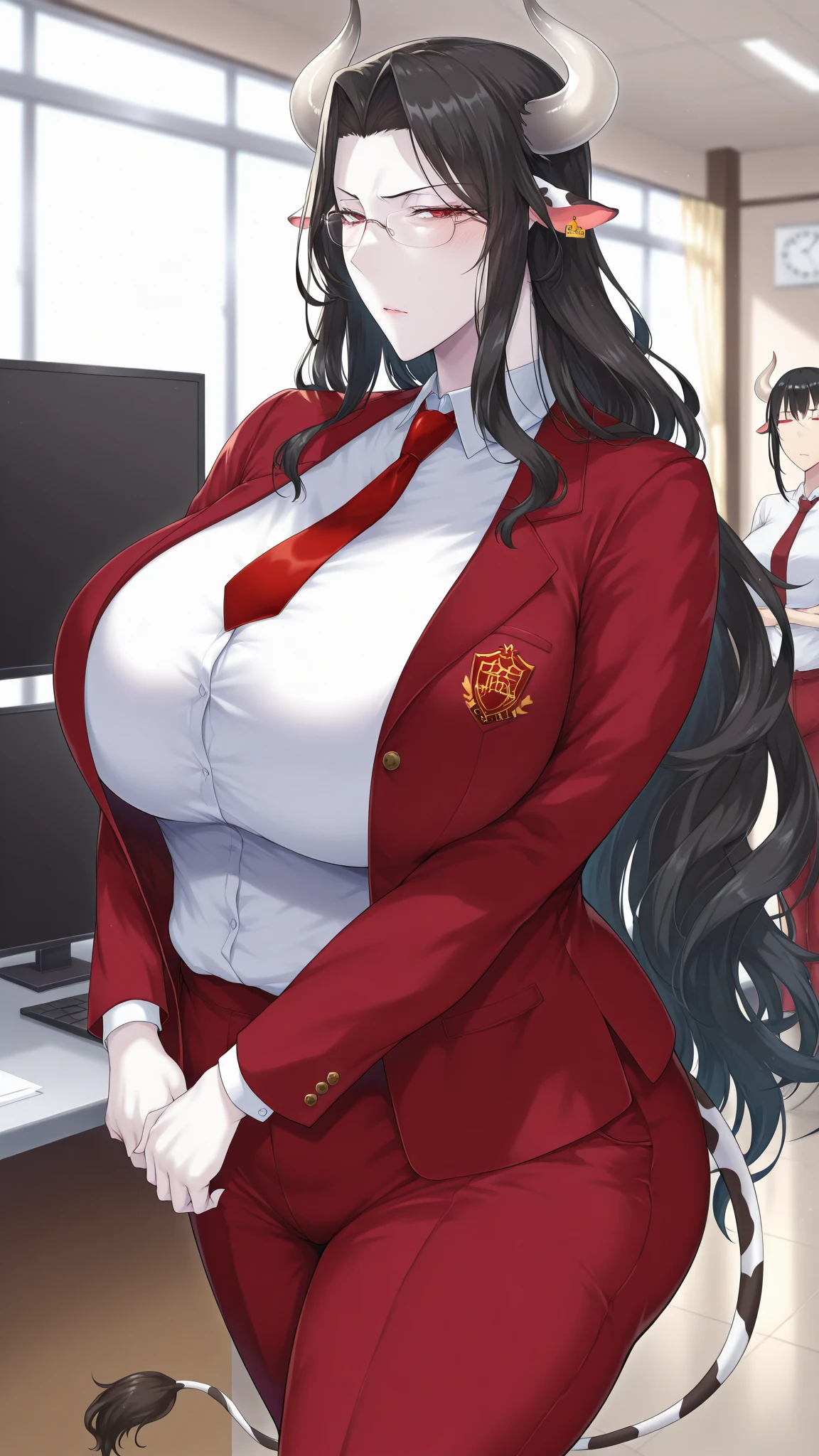 (happy style), (solo:2, 18 yo), (beautiful detailed straight), (beautiful detailed black hair long hair) (best sadist girl, beautiful red eyes, glossy lip, love smile, big tits), hand holding report, in a Formal red dress, break, in the Audience Chamber, BREAK, perfect anatomy, masterpiece, best quality, 16k, beautiful detailed summer, daydreaming expression.