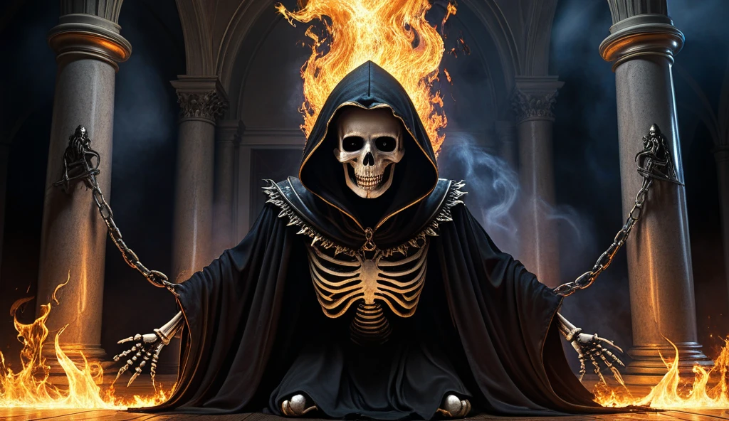 (((Tarot cards scattered in the air)))，Divination，Skeleton in black cloak，It sits on the table，Glowing crystal ball，Smoke all around。
Very detailed image of the skull.，From the outline of the skeleton to the texture of the cape, Everything is clearly visible。。Smoky，Makes the whole picture more hazy and mysterious。
Dark Tones，Highlight the mysterious and weird atmosphere。The flame and candlelight become the focus of the picture，Contrast with other Dark Tones。This contrast makes the picture more layered..，at the same time, Visual effects have also been enhanced。
Mysterious and weird feeling。The image of the skull and the surrounding atmosphere are full of unknown and mysterious feelings..，