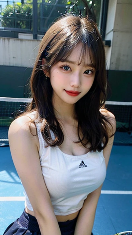 (8k、Highest quality、masterpiece:1.2)、(Realistic、Photorealistic:1.37)、Ultra-detailed、1 girl、Beauty、cute、Laughter、solo、(Nose redness)、(Laughter:1.15)、(Shut your mouth.) 、Beautiful Eyes、(length:1.2)、Floating Hair NovaFrog Style、Upper body、(((Tennis court)))、(((Tennis Wear)))