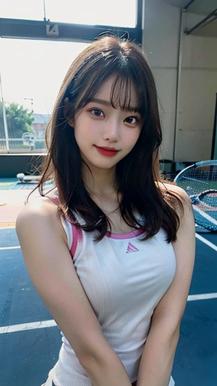White tennis wear, (solid, tennis racket,Hold the grip of the racket), Tennis ball, Tennis court, Sweaty smell, locker room, (Highest quality) , ((Very detailed)) , 4K , (8k) , masterpiece, Very detailedな, Highest quality, Super Resolution, sexy, 18-year-old girl, (Height: 152cm), 1 person, Very beautiful face, Cute type, Big Natural Color Lip, Big and pretty eyes, Brown eyes, Obvious double, Small and cute nose, Soft long hair, bangs, Brown Hair, Beautiful hands, finger is five, positive, Crying a little, White pleated micro mini skirt, (It&#39;s too short and you can see my crotch)No underwear, Soft Light, RAW quality, Soft Skin, (Glowing Skin, Sweaty: 1.4) , Beautiful legs, Voluptuous thighs, Plump body, Huge breasts, (Expresses the roundness and softness of the chest area........1), Beautiful body, (A perfect feminine figure), Accurate joint movement, (Provocative dynamic pose), Skirt flip, Browsing Caution, (beautiful pussy line:1.2)