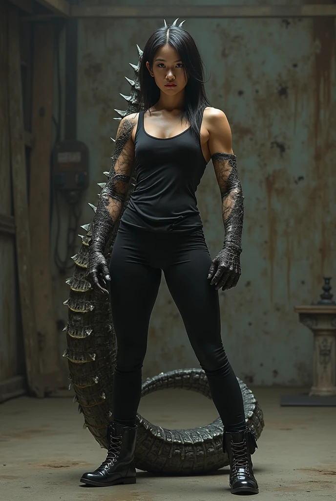 Sexy Woman with brown skin in gymwear transforming into a dragon
