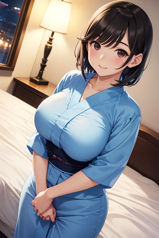 masterpiece, best quality, ultra detailed, ultra high resolution, very detailed face, (((solo))), anime, top down angle, 20 years old girl, slim, (((lightblue yukata, sleeveless))), (((bare thighs, pantie))), ((black short hair, chignon)), (((large breast, expose the cleavage of the breast))), little smile, in the room