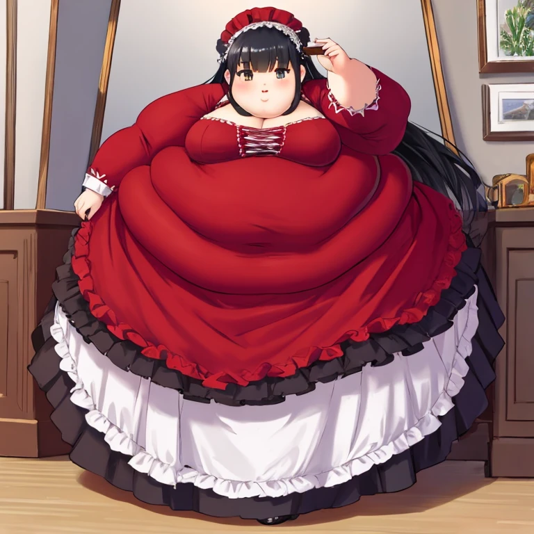 (masterpiece, best quality, hyper quality, perfect anatomy, finely detailed, intricate details, Impeccable attention to detail, masterful execution, beauty, Exceptional quality, flawless craftsmanship, expressive artistry:1.3), (bbw, chubby, plump:1.45), 1girl, nsfw, black hair, long hair, bang, wide waist, wide body,