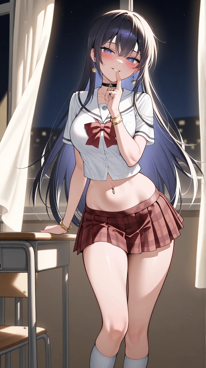 masterpiece, best quality, highres, <lora:keqing1-000009:1>, medium breasts, wide hips, thighs, school uniform, white shirt,collared shirt,unbuttoned shirt,cleavage, short sleeves, skirt, (wind lift:1.2), panties, pantyshot, 3:, blush, standing, living room