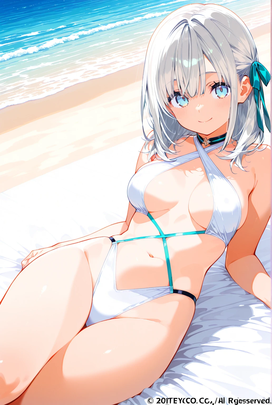 (Masterpiece、Highest quality、Very detailed、4K)、One Woman、、Silver Hair、short hair、(((beta)))、chest、(((Beautiful armpits)))、((Beautiful thighs))、(((Swimwear)))、(((Sleeping in bed)))、((((Spread your legs))))