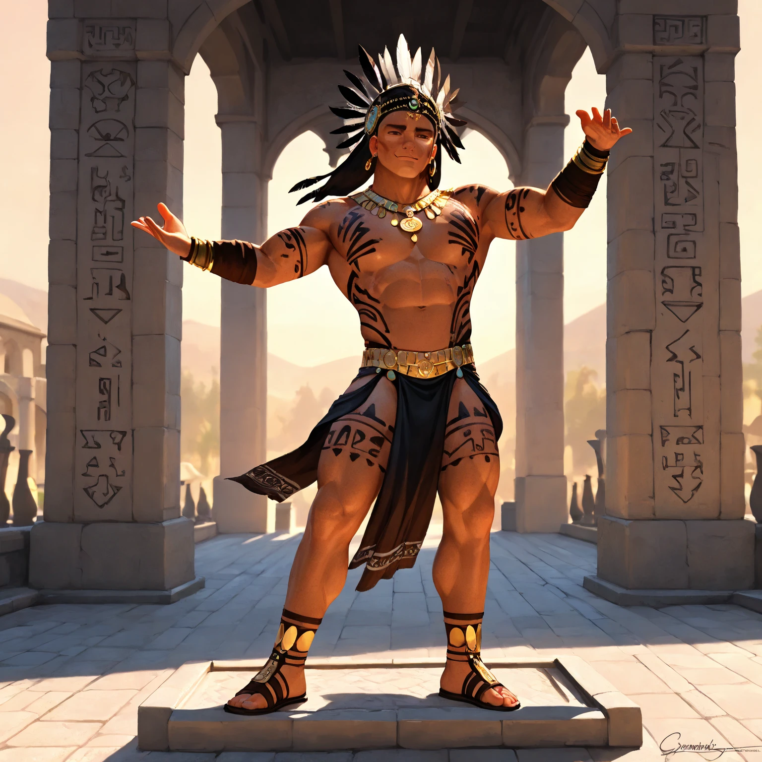 Animated Peruvian Inca warrior doing floor exercises in his Inca attire with no background