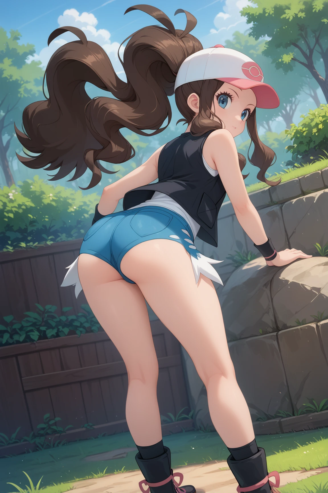 1girl in、hight resolution、​masterpiece、hilda \(A pokémon\)、Hats、poneyTail、plein air、from the rear、Squatting、white  panties、barechested