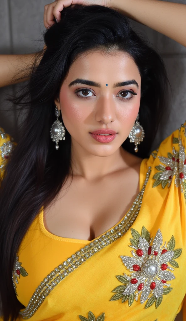 beautiful indian girl, lovely cute face,19 year , solo, beautiful detailed eyes and full body, black hair, bright skin ,wearing bra, big round (dupatta covering her big huge round boobs), a sexy