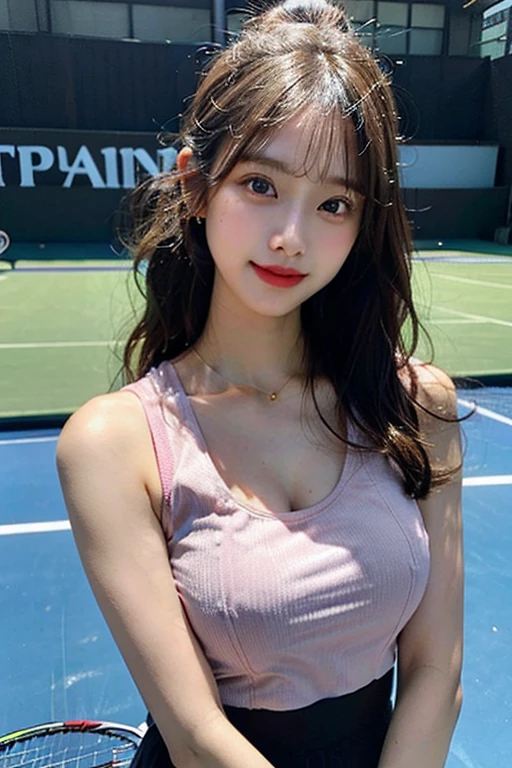 ((Best Quality, 8K, Masterpiece: 1.3)), a beautiful woman with perfect figure: 1.4, dark brown hair, big breasts, exposed cleavage, wearing pendant, tennis outfit , at tennis court , highly detailed face and skin texture, detailed eyes, double eyelids