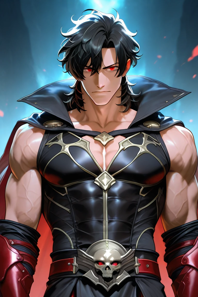 Create an image of a handsome, invincible ancient god in disguise as a human. He is tall, with a perfect muscular build and defined abs, dressed in divine black attire. His facial structure is flawless, resembling that of a Korean man, with dark wavy hair and piercing dark brown eyes. He exudes an aura of power and mystery.