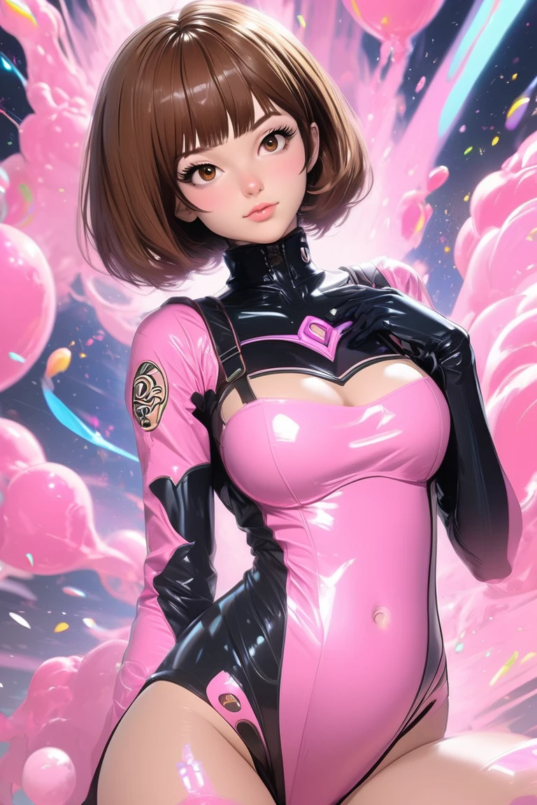 Rain Mikamura,yellow headband,perfect hands, perfect finger,perfect anatomy, masterpiece, best quality,realistic, hyperrealistic, 16k hdr,1girl, large breasts,erected nipples,brown hair, medium hair,green eyes,mobile trace suit, shoulder armor with antenna,pink and black latex bodysuit,skin tight, outdoor,night,park,,(all fours),sweat,(red blush,embarrassment:1.2) 