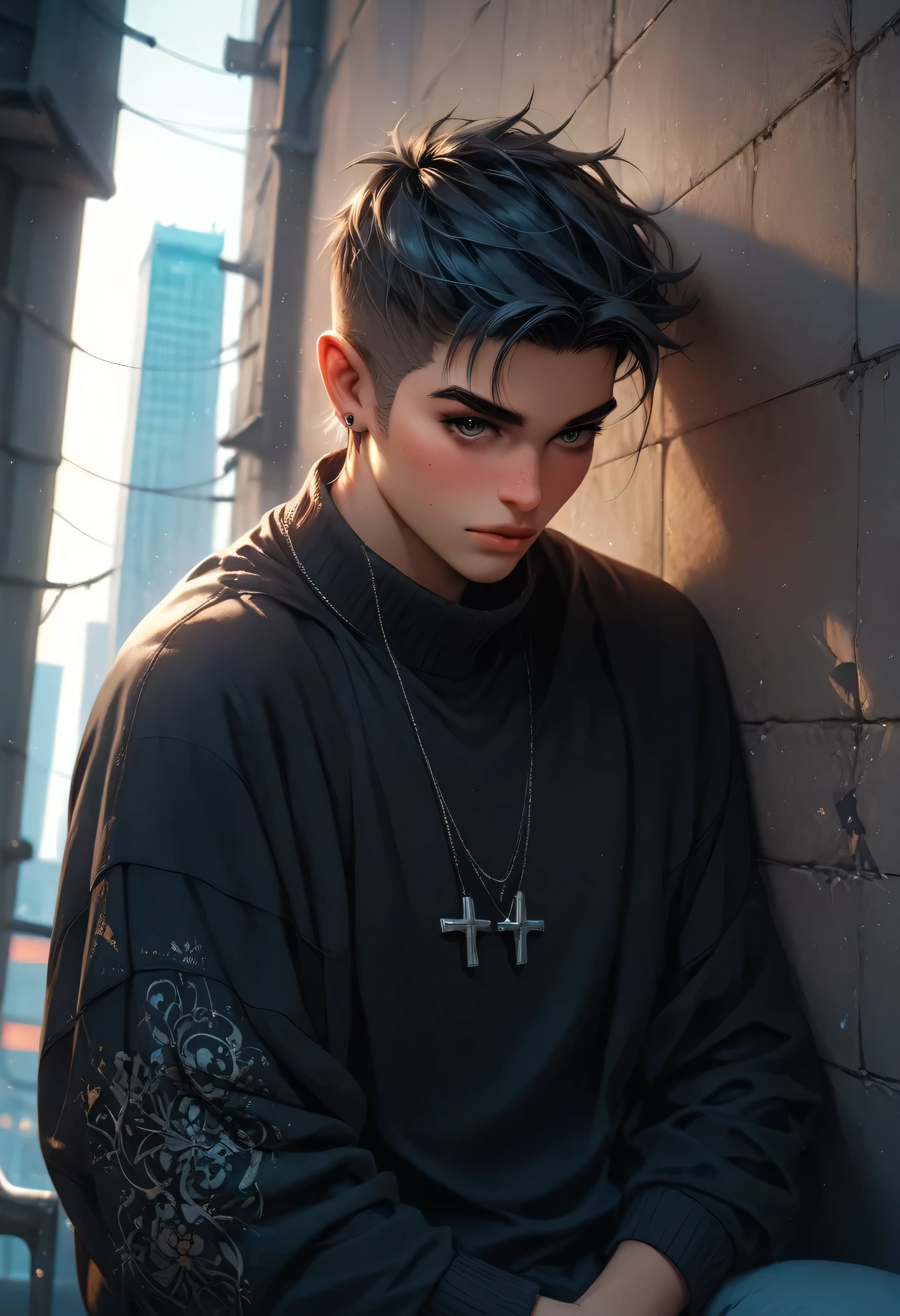 3/4 upper-body of an artistic boy sitting cross-legged on a city rooftop at dusk, holding a sketchbook in his lap, wearing a loose charcoal sweater falling off one shoulder, tousled hair catching the amber light, city skyline and clouds behind, focused yet dreamy expression, painterly anime style with cinematic warmth