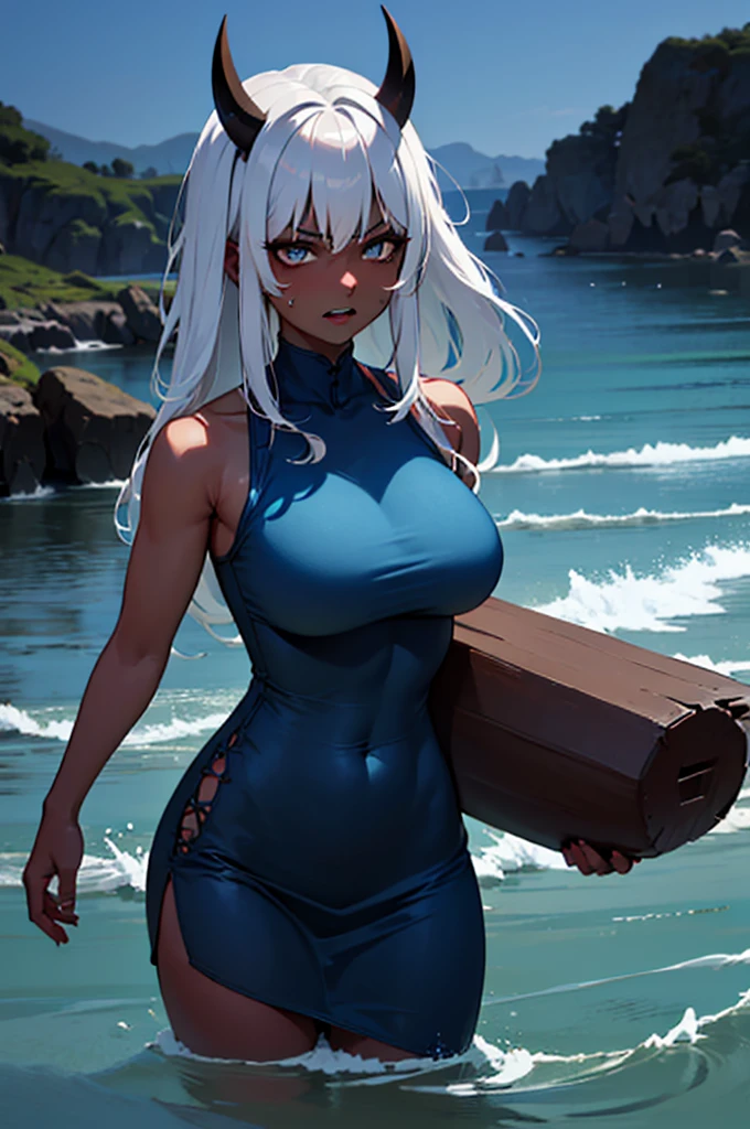 photography of a beautiful woman, perfect face, masterpiece, topless, ((no_underwear)), beach side, nude beach, hot, sunset, tanned skin, tanned line, red skin, blushing face, beautiful woman, (((full body))), ((white hair)), nude, curvy body, (touching boobs), giant , (((barefeet))), standing, (((hairy pussy))), high res, 4k, ((best quality)), ((masterpiece)), ((detailed)), (ankle bracelet), manicure, pedicure