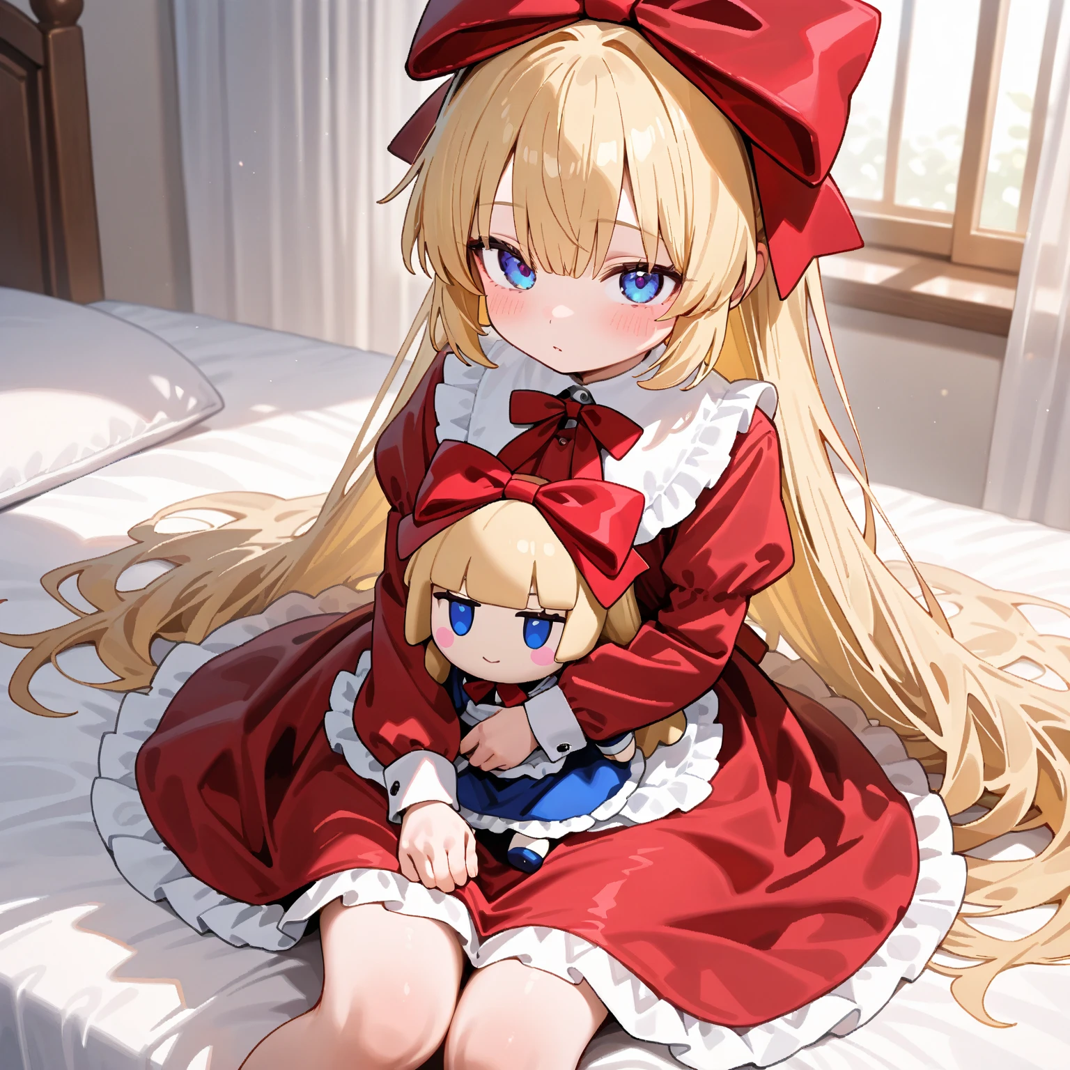 masterpiece, highest quality, Very detailed, 16k, Ultra-high resolution, Cowboy Shot, One 8-year-old girl, Detailed face, Perfect Fingers, Golden Eyes, Blonde, Original Costume, Twin tails, bonnet、Red dress、White Panties Western-style House, bed, Lie on your back