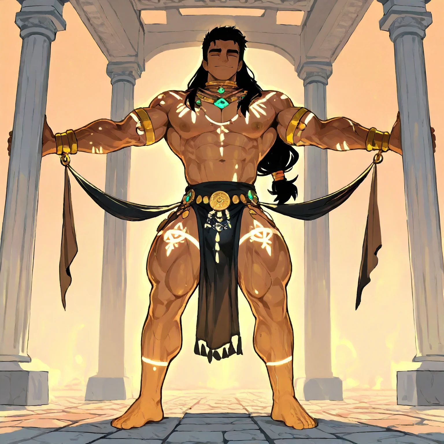 African male warrior tribe god of thunder towering and powerful, with a fierce expression, standing tall, gazing down with determination, short hair,