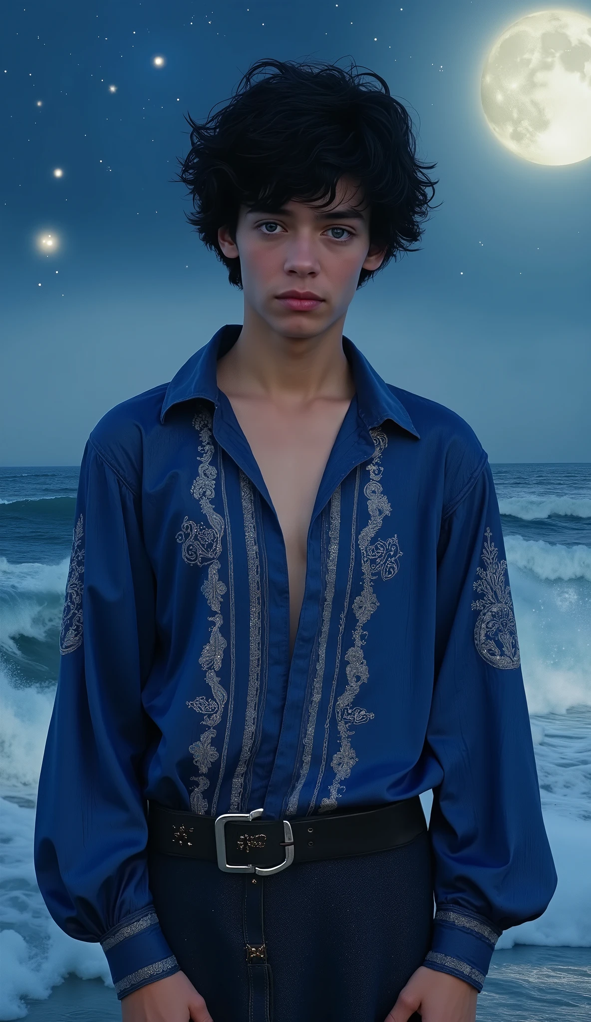 Hyper-realistic portrait of an androgynous young man with tousled black hair and icy blue eyes, wearing a silky midnight-blue vintage poet shirt with silver embroidery and billowing sleeves. He stands against a moonlit seascape, with crashing waves and shimmering silver reflections under the stars. Soft backlight, subtle ocean breeze in the hair, dreamy and mysterious.