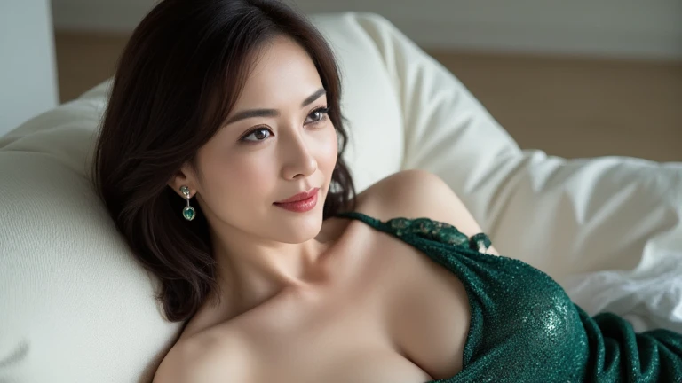 (One ultra hot woman ), (Masterpiece, Best Quality), (A Gorgeous 25 Years Old sexy seductive Female Model), (Wavy Long Black Hair:1.6), (Athletic Body Builds:1.2), (Exotic Fair Skin:1.4), (Detailed Shiny and Sweaty Skin:1.6), (Green Eyes:1.4), (Serious Looking), (Busty Chest Size:1.4), (Wearing Black colored Strapless Lingerie:1.4), (Deep Cleavage), (Dynamic Pose:1.4), (Dimly Lit suite room at Night:1.6), Centered, (Waist-up Shot:1.4), From Front Shot, Insane Details, Intricate Face Detail, Intricate Hand Details, Cinematic Shot and Lighting, Realistic and Vibrant Colors, Masterpiece, Sharp Focus, Highly Detailed, Taken with DSLR camera, Depth of Field, Realistic Environment and Scene, Master Composition and Cinematography