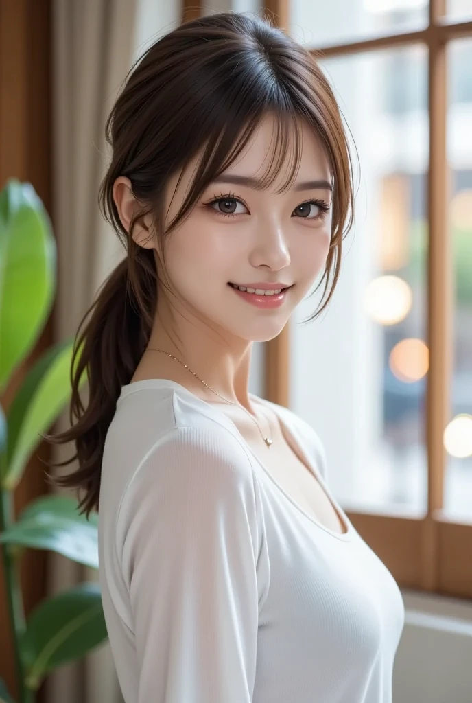bright表情、Realistic:1.32、Highest quality、超A high resolution、最も美しい日本のgirlの写真、Cute and beautiful face details、Small face、美しいbangs、14 years old、Shine, fair, Shine肌、Hair gets tangled in the face、(girl1Only people:1.3)、顔まで伸びるbangs、bangs、Hair between the eyes、Attractive brown silky hair、bright、彼女の澄んだ瞳は魅力的にShine、Cute pose、Highest quality、((世界一可愛いgirl))、Japanese、((Summer School Uniform:1.3))、((Upper Bodyは裸:1.3))、(Low waist pleated mini skirt)、Newest Brands、(ponytail:1.3)、(Thin ribbon)、Nice and cute、An innocent smile、nice smile、Cleavage、(Big Breasts:1.3)、(Show erect nipples:1.5)、Brown Hair、Tight waist、Beautiful eyes in every detail、View your viewers、Upper Body、Face close-up、Front view、bedroom