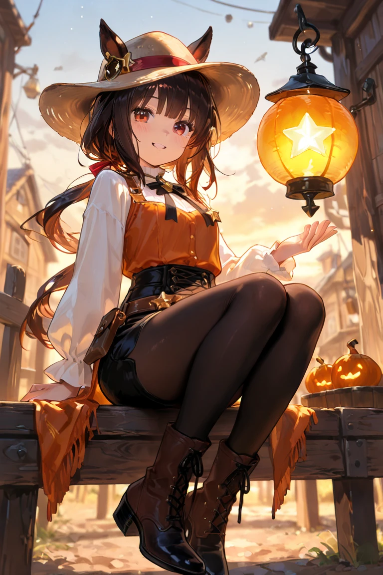 (top-quality、in 8K、32K、masterpiece、nffsw、超A high resolution、Impresionismo、Photorealsitic:1.2)、Colossal tits、cowboy shot、Magic Pose、 detailed faces and eyes、 nightcity、Dim Street Lights、A jack-o'-lantern is placed on the road、Halloween Costumes、Clown makeup、beauitful face、blurry backround、16-year-old beautiful girl、shinny skin、Medium Hair、beautiful orange hair、Blunt bangs、Black eyes、(Clown clothes:1.2)、Clown clothes、Mini skirt、knee high、Clown shoes、Curve、(Panties are visible:1.2)、Smile with open mouth、juggler