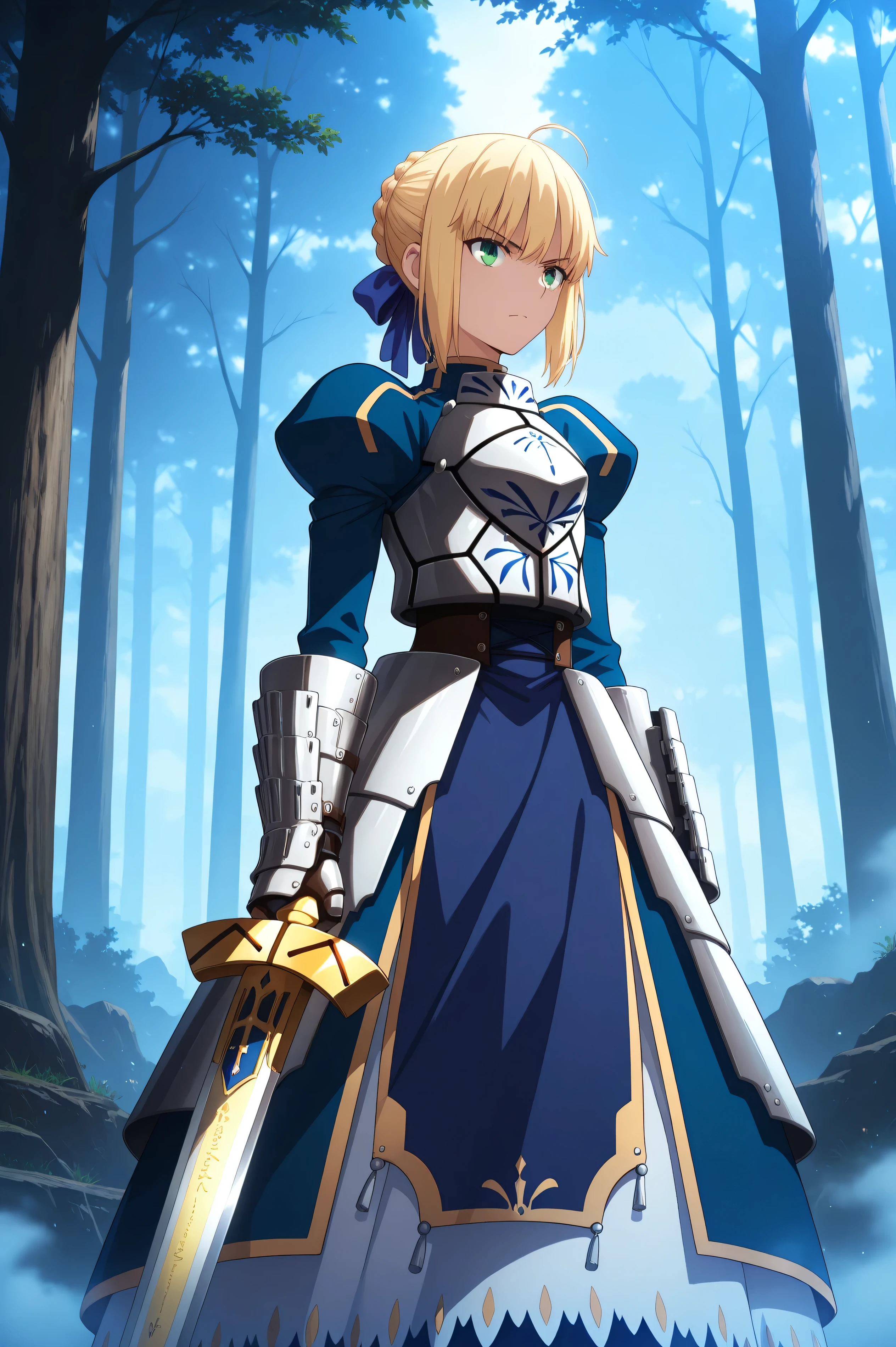 Anime Screenshot, masterpiece,  best quality,
 1 girl, alone,  closed mouth, Serious,
blondes,  green eyes,  short hair while on a business trip,  French Braid  , stupid hair,  hair bow,  blue ribbon ,
Gold Sabre Armor  , breastplate,  blue dress, gauntlet,   Juliet Sleeves , ,
  pattern,  Gold Excalibur Sword  \( destiny/stay   Knight \),
 standing,  Viewer,  Cowboy Shooting,  legs,
 Outdoors ,   Knight ,  blue theme, fog, forest
