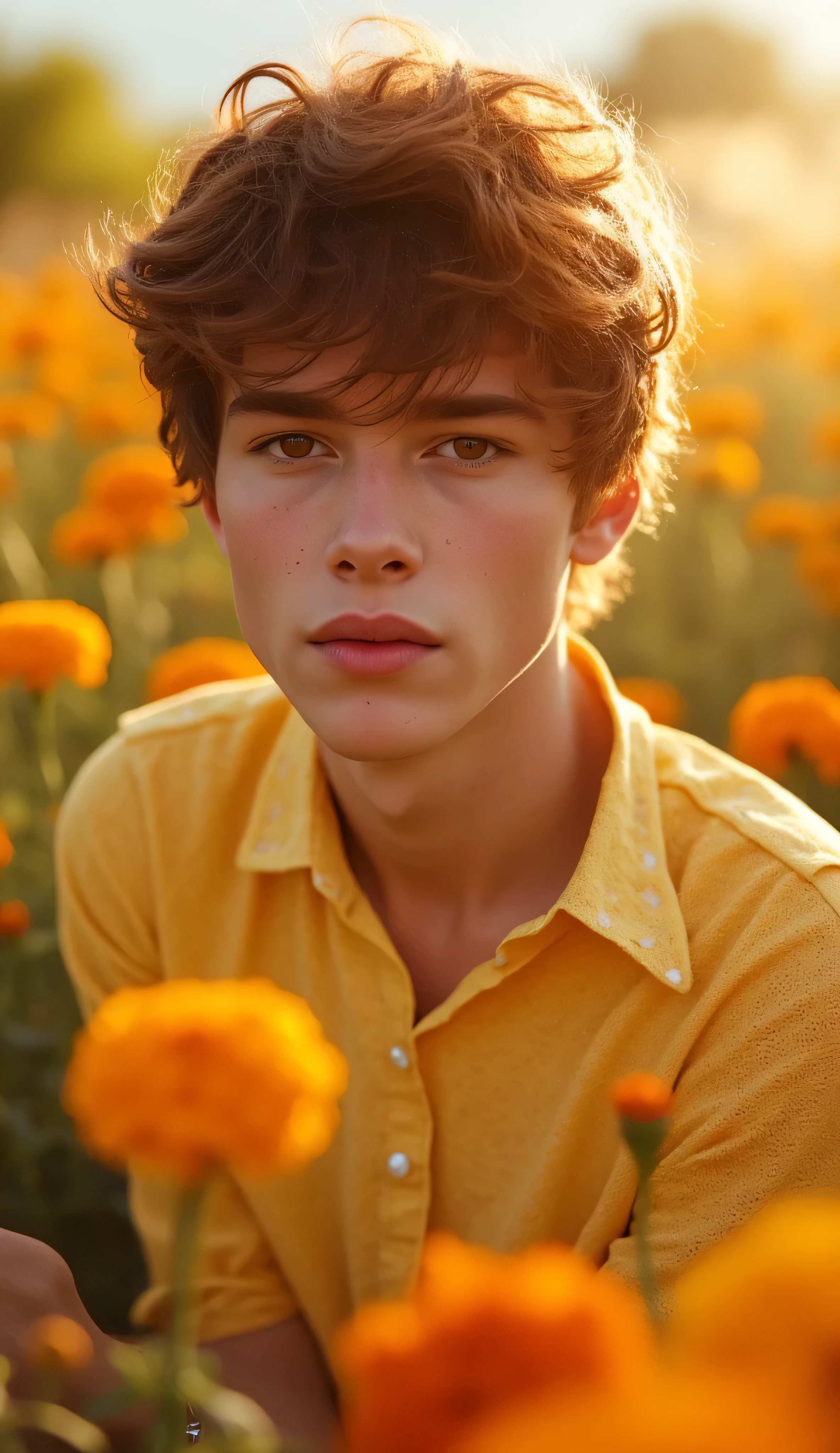 Ultra-realistic close-up of a soft-featured young man with chestnut curls and hazel eyes, dressed in a vintage golden-yellow lace blouse with a wide collar and pearl buttons. He's seated in a blooming garden during golden hour, surrounded by marigolds and warm sun flares. Natural soft lighting and gentle wind add warmth and motion.