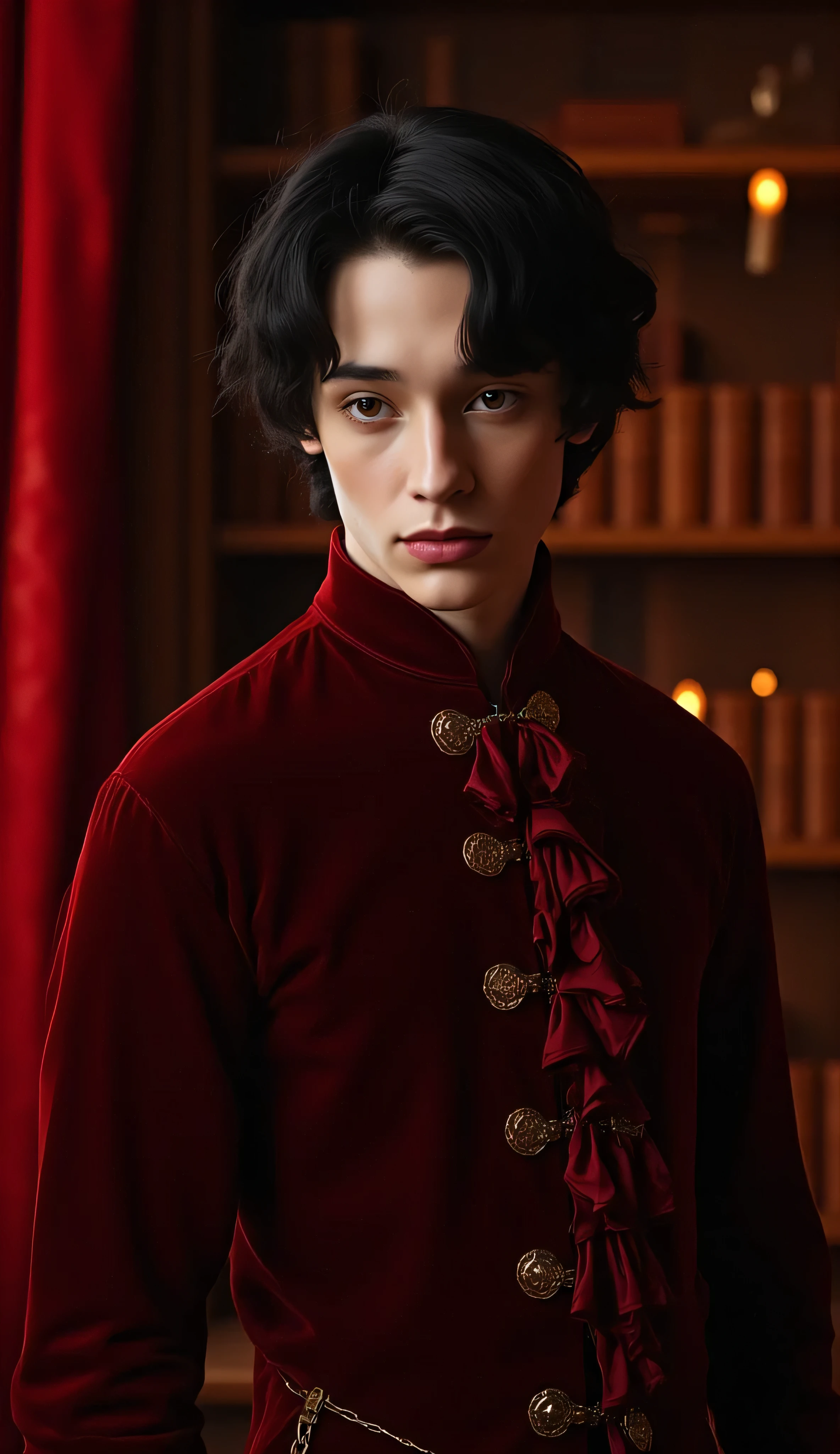 Hyper-realistic portrait of a pale-skinned androgynous youth with jet black hair, wearing a deep crimson velvet ruffled shirt with baroque buttons and high collar. He stands in a dimly lit candlelit library, old books and red velvet drapery behind him. Warm lighting highlights the rich textures of fabric and skin, moody and regal.